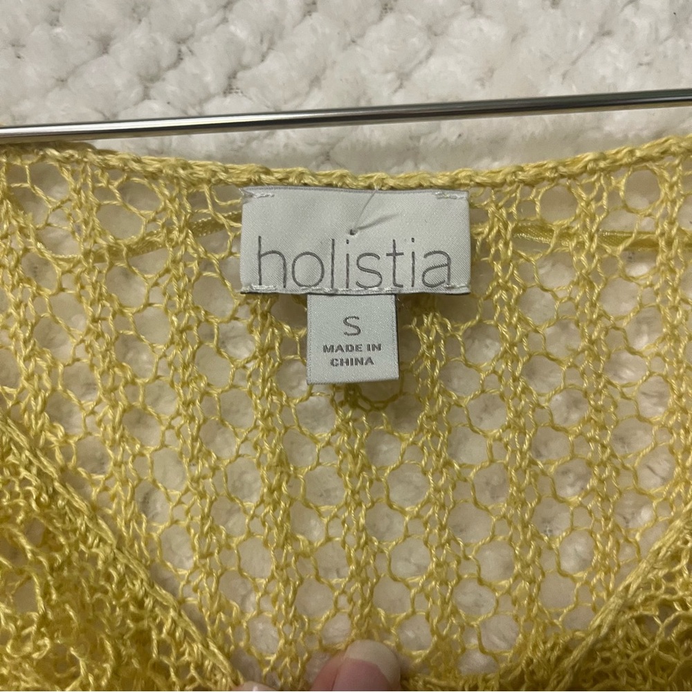 Holistia 100% Linen Knot Short Sleeve Round Neck Yellow Sweater Coastal Sz Small - Picture 3 of 8